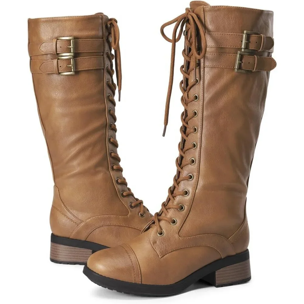 🆕Women Polyurethane Pu Georgia Camel Double buckle Knee High Riding Combat Boot